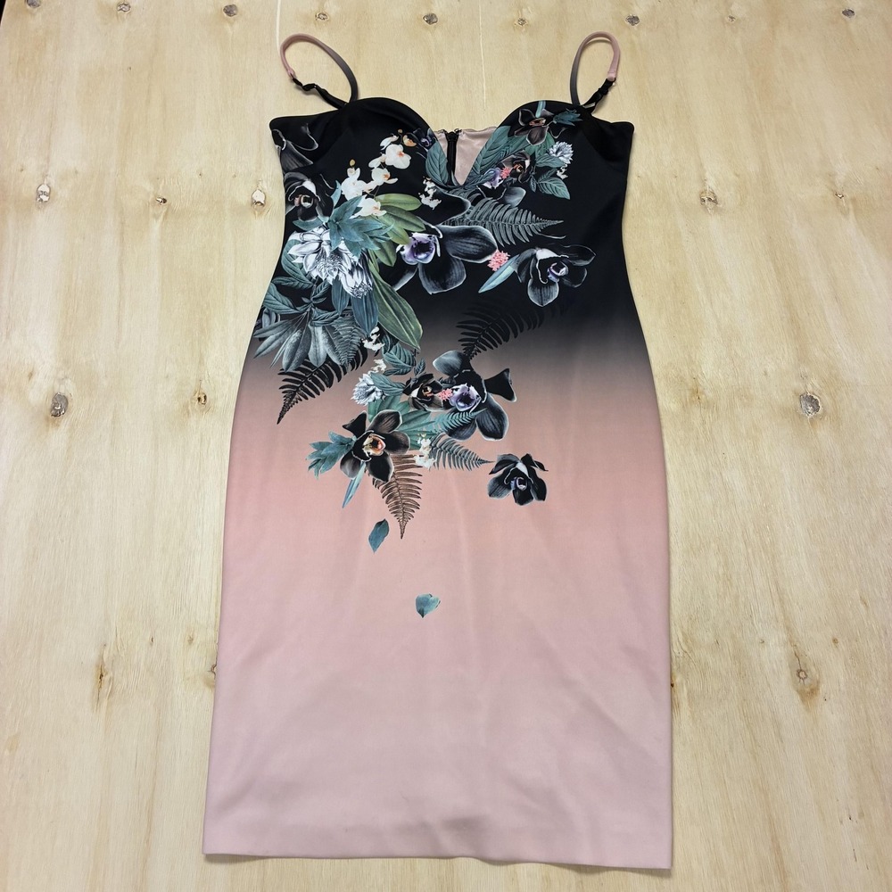 Bebe Dress Womens L Multicolor Floral Sleeveless V Neck Bodycon Short Satin Slip